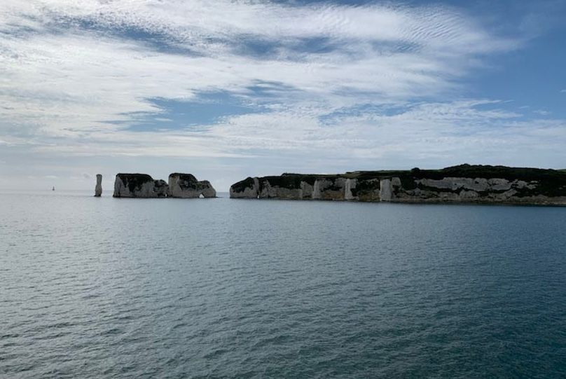 Old Harry Rocks seen from the water on the Jurassic Coast
