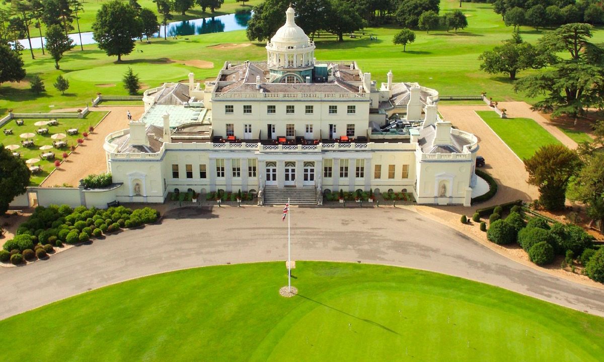 Aerial view of Stoke Park mansion and golf course