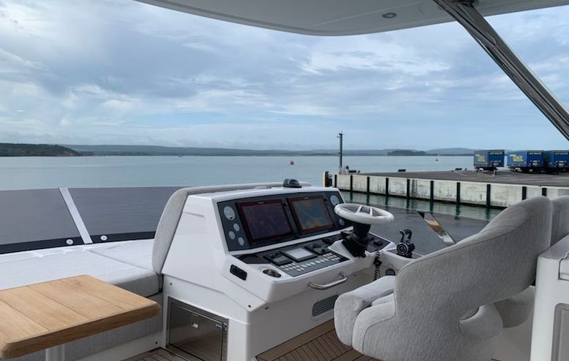 The helm of a Sunseeker yacht at Poole